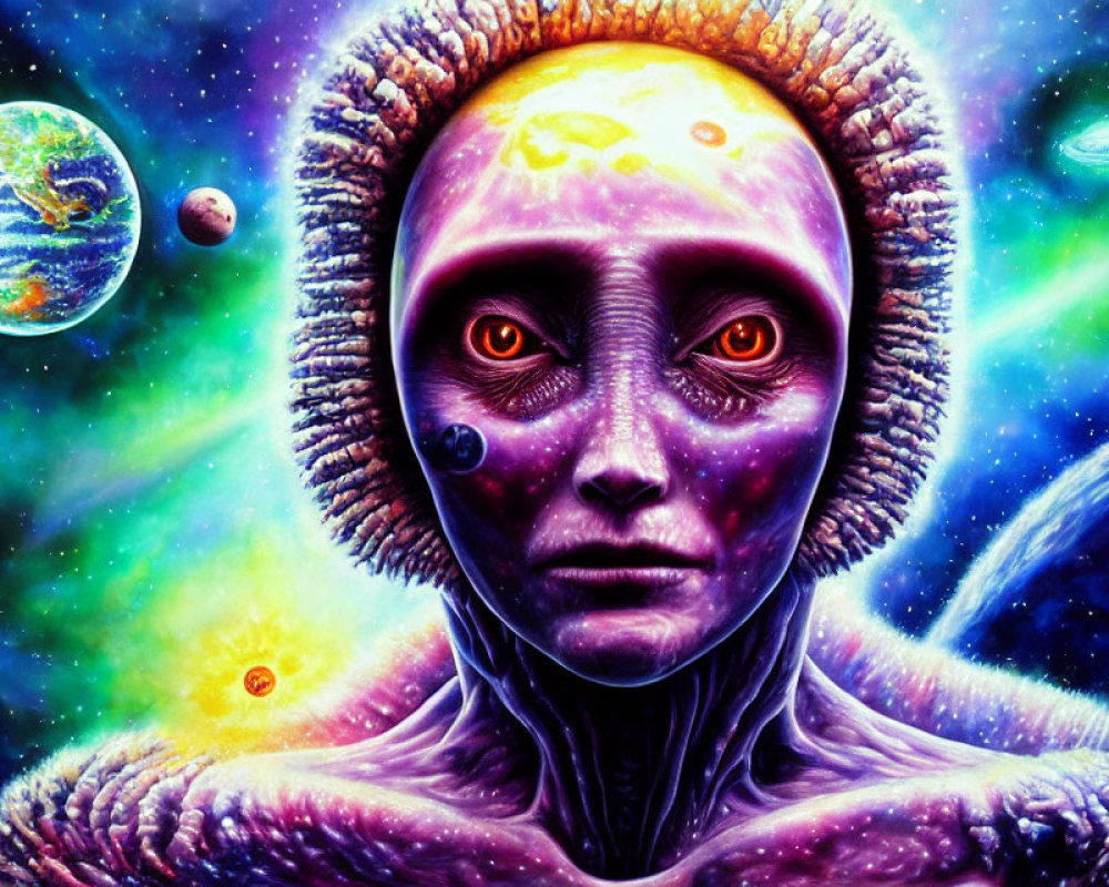 Colorful cosmic portrait: Purple-skinned alien with red eyes in galaxy setting