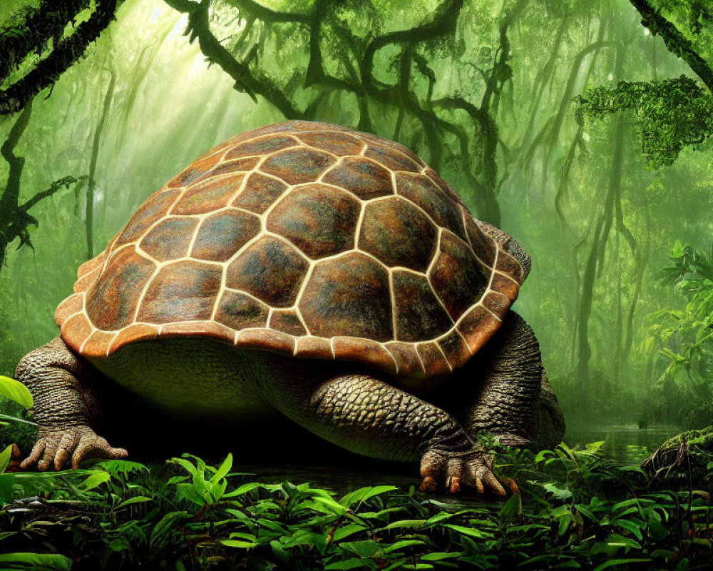 Majestic tortoise in lush green forest with mist