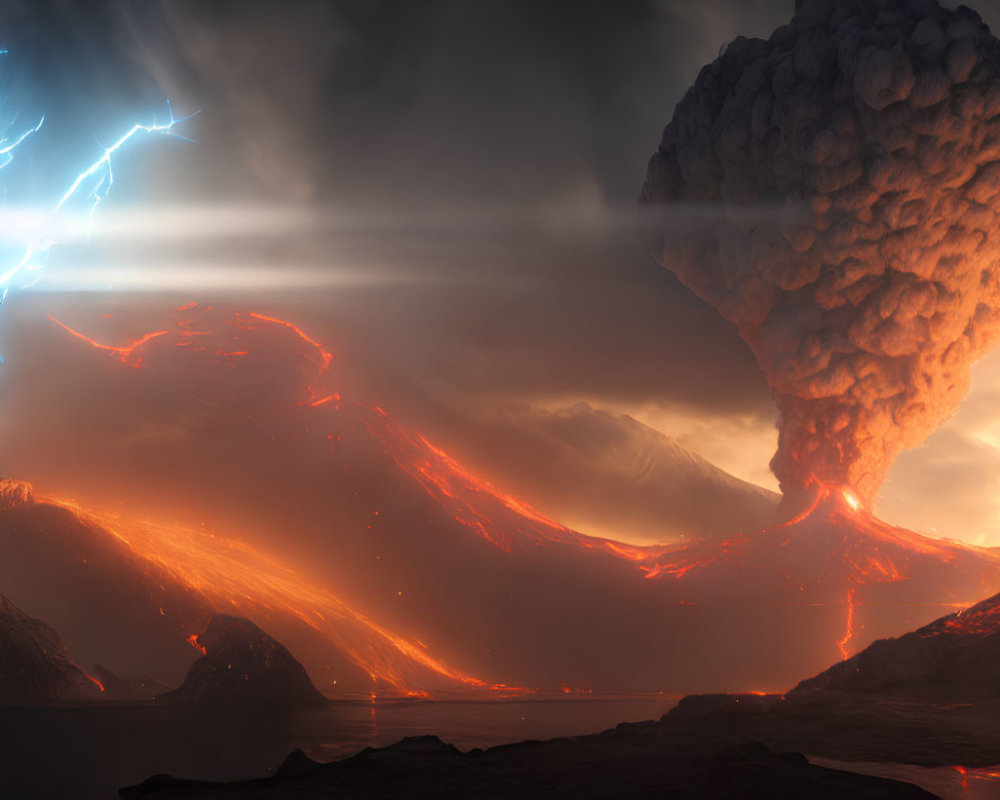 Volcanic eruption with lightning, ash cloud, and flowing lava