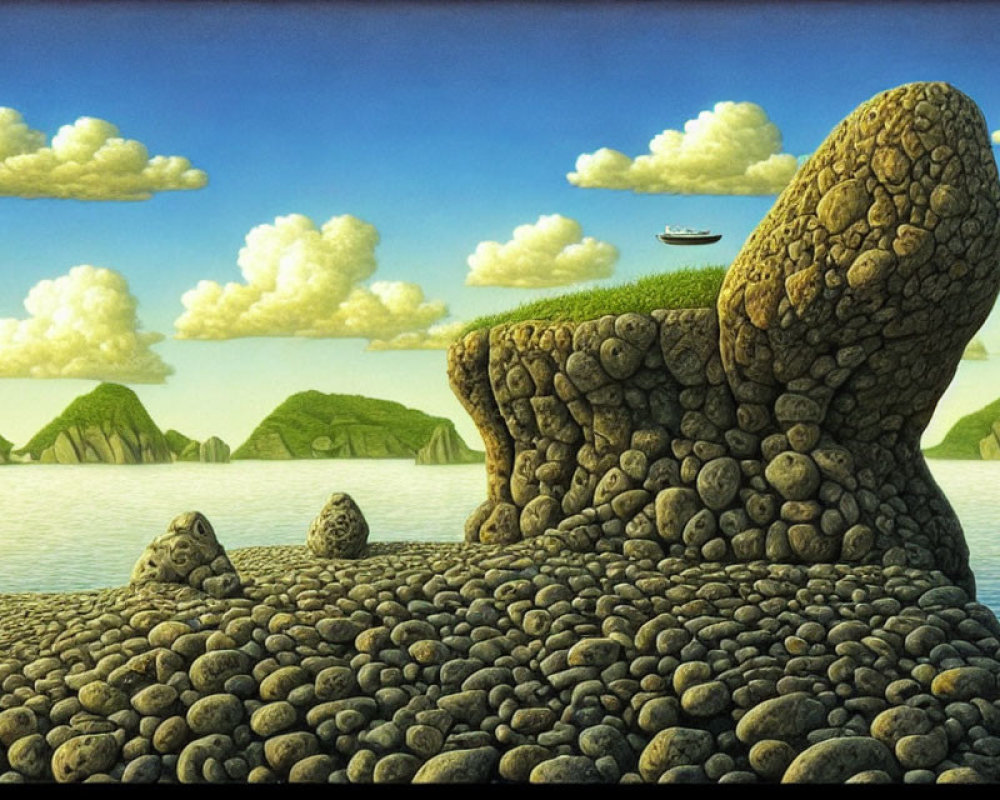 Tranquil landscape with pebble shore, calm water, hills, and fluffy clouds