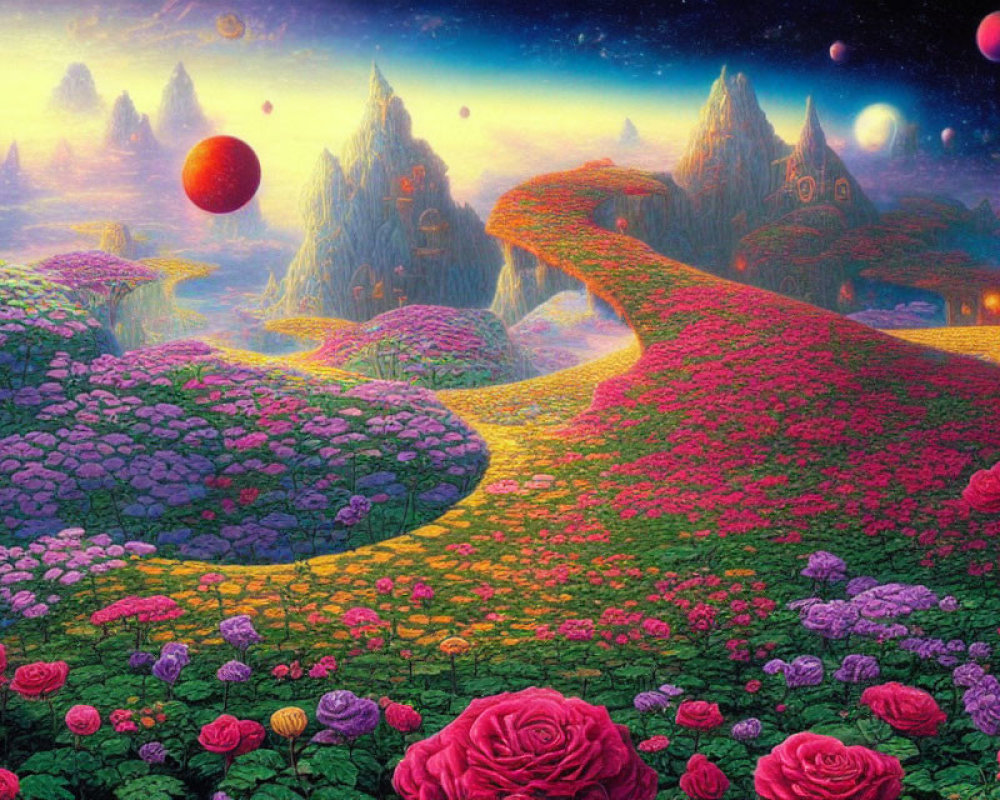 Colorful Flower Fields with Rocky Spires and Floating Orbs