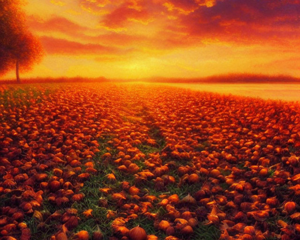 Sunset pumpkin field with fiery sky and lone tree silhouette