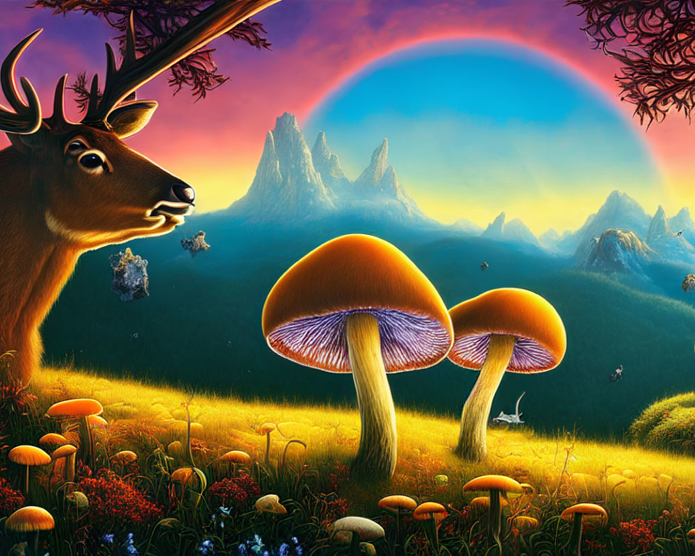 Vibrant surreal landscape with oversized mushrooms, whimsical deer, radiant sunset, and rainbow-hued