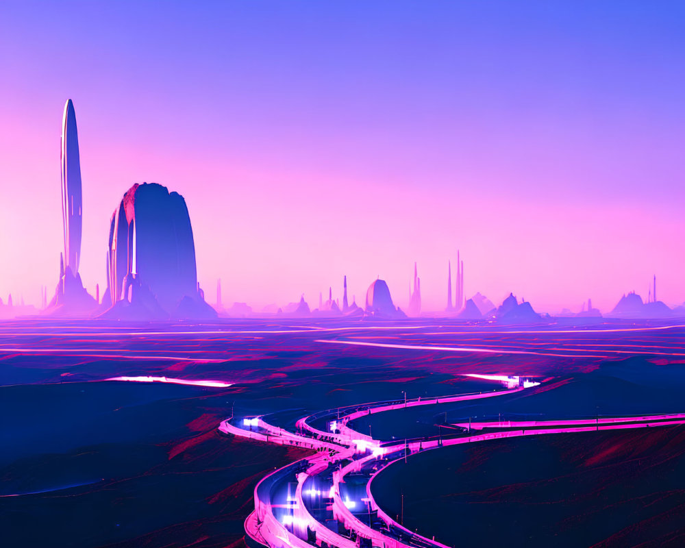 Futuristic cityscape at dusk with neon lights and towering spires