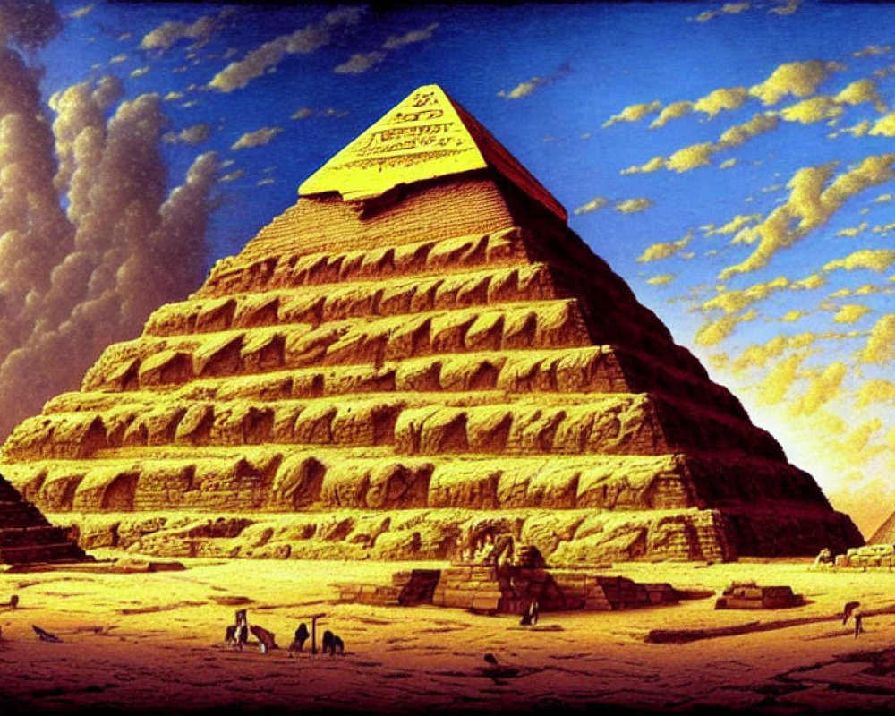 Great Pyramid of Giza illustration with hieroglyphs at dusk