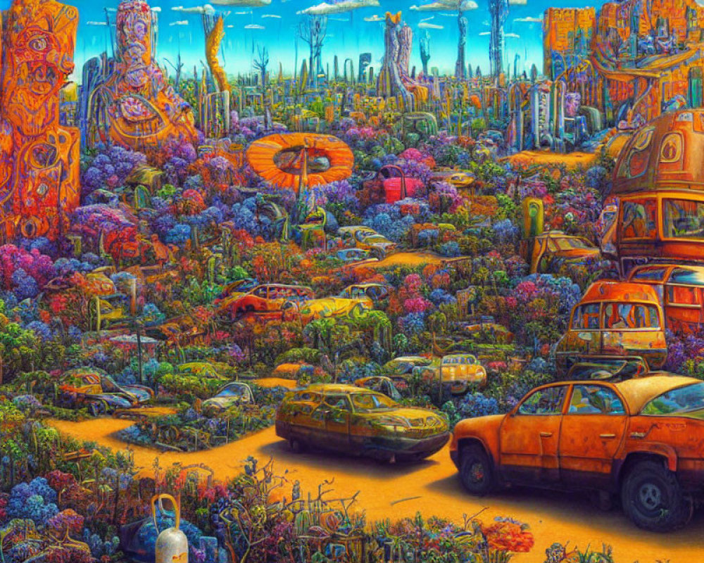 Colorful, psychedelic landscape with overgrown foliage and abandoned cars.