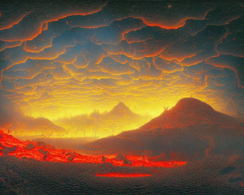 Volcanic landscape with glowing lava flows and red sky