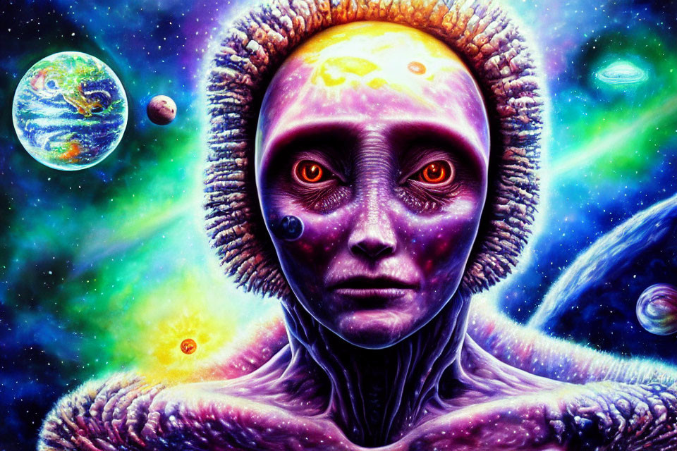 Colorful cosmic portrait: Purple-skinned alien with red eyes in galaxy setting