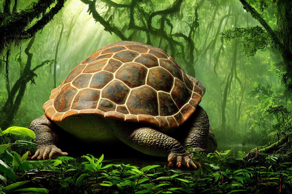 Majestic tortoise in lush green forest with mist