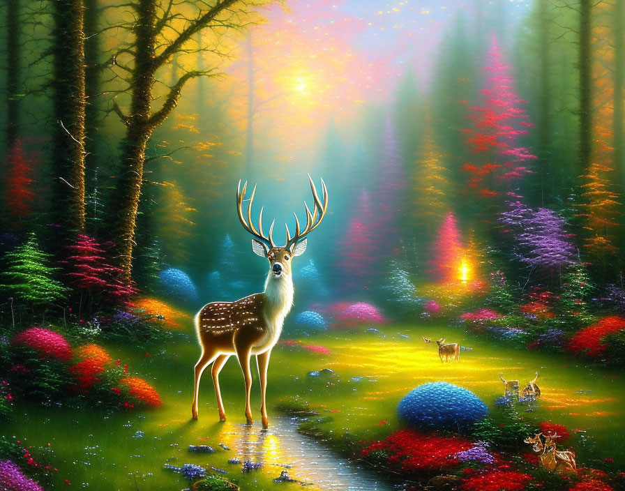 Enchanting forest glade with vibrant flowers and majestic stag