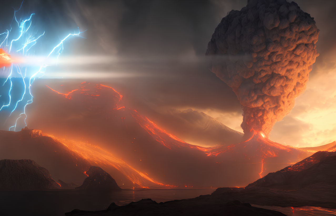 Volcanic eruption with lightning, ash cloud, and flowing lava