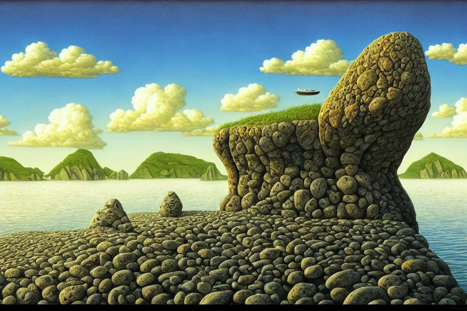 Tranquil landscape with pebble shore, calm water, hills, and fluffy clouds