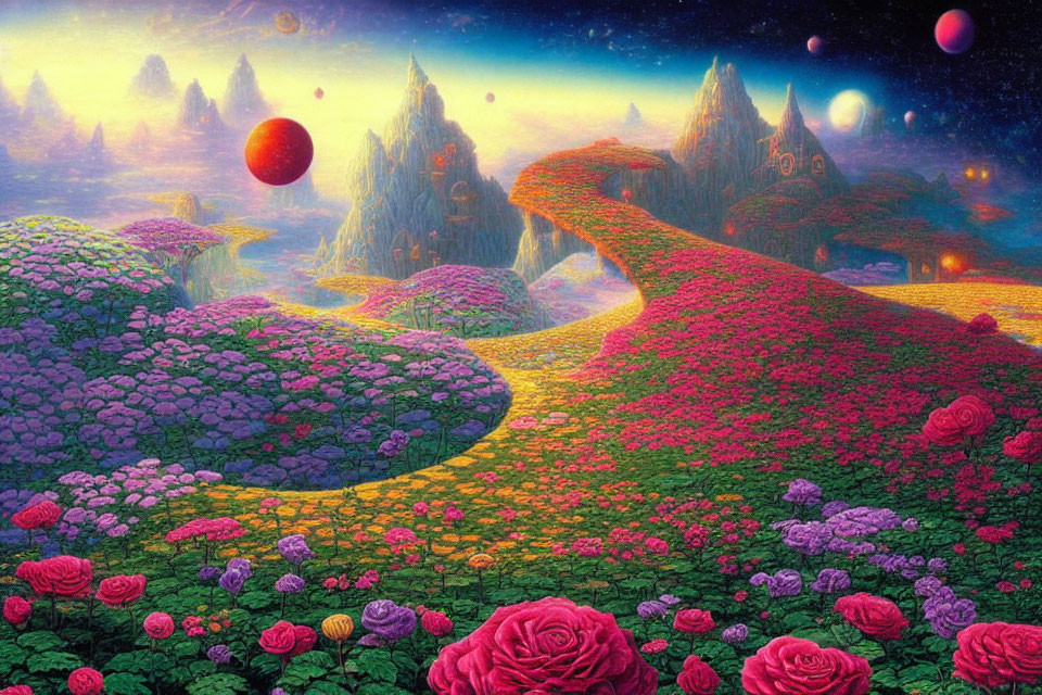 Colorful Flower Fields with Rocky Spires and Floating Orbs