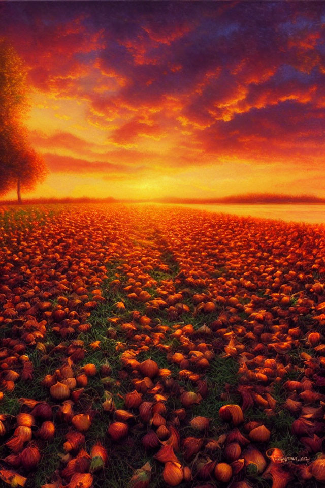 Sunset pumpkin field with fiery sky and lone tree silhouette