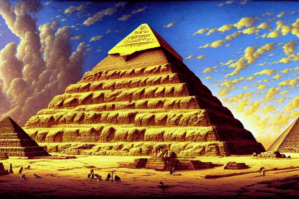 Great Pyramid of Giza illustration with hieroglyphs at dusk