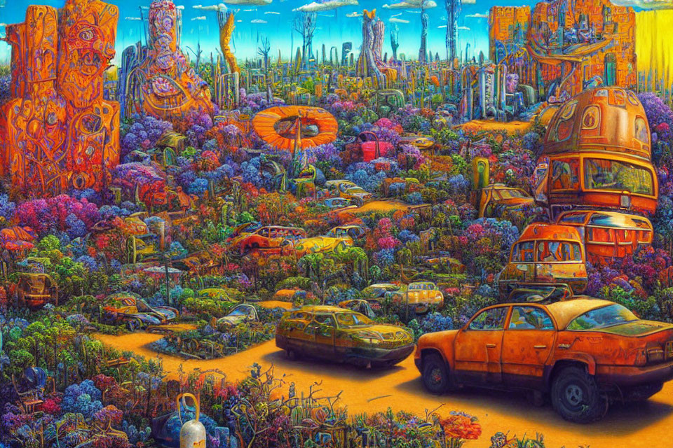 Colorful, psychedelic landscape with overgrown foliage and abandoned cars.