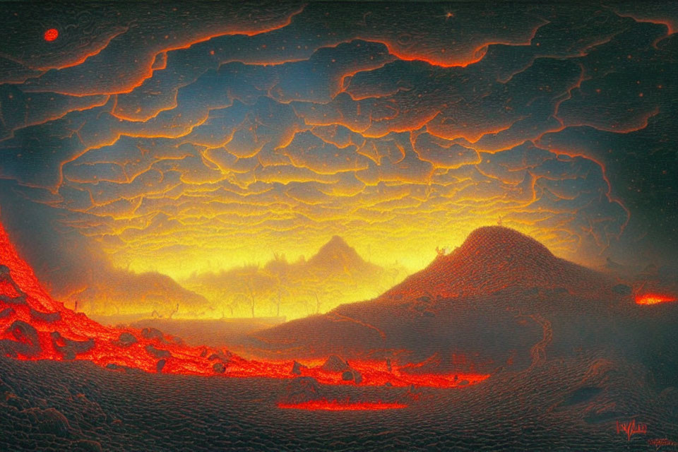 Volcanic landscape with glowing lava flows and red sky