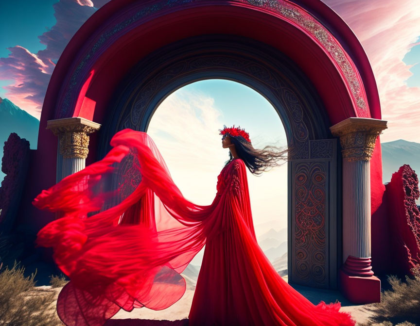 Woman in Red Dress and Headpiece by Ornate Archway with Mountainous Backdrop