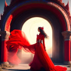 Woman in Red Dress and Headpiece by Ornate Archway with Mountainous Backdrop