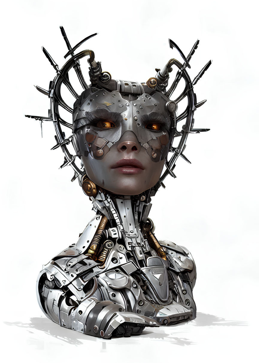 Detailed Female Robot Illustration with Intricate Metal Headgear and Body