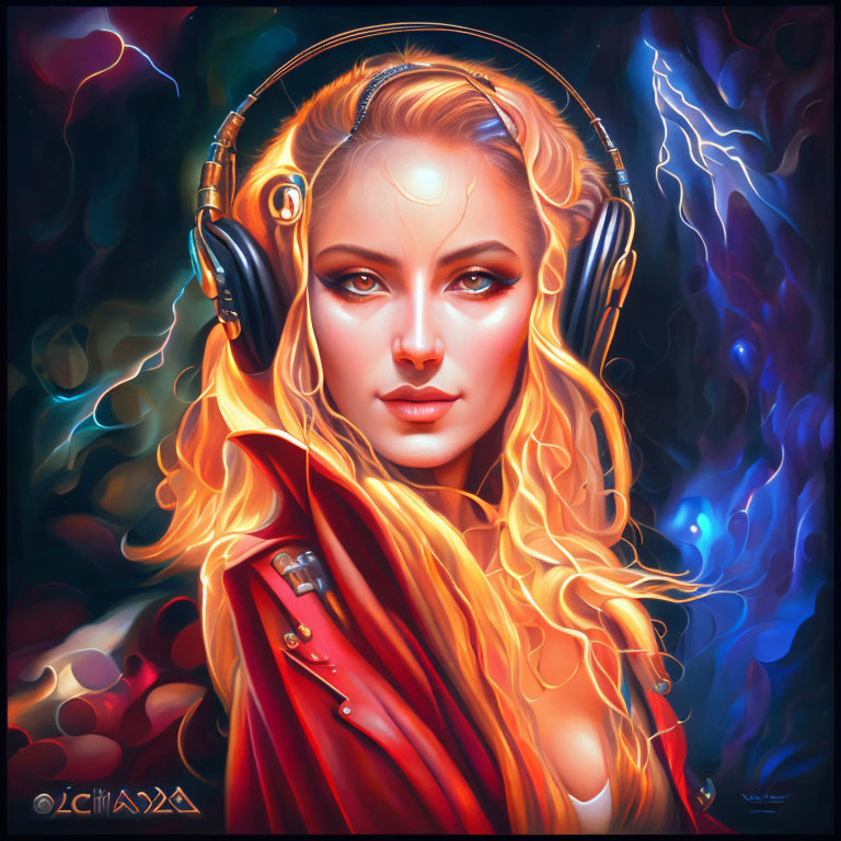 Vibrant digital artwork of woman with golden hair and headphones in red and blue hues