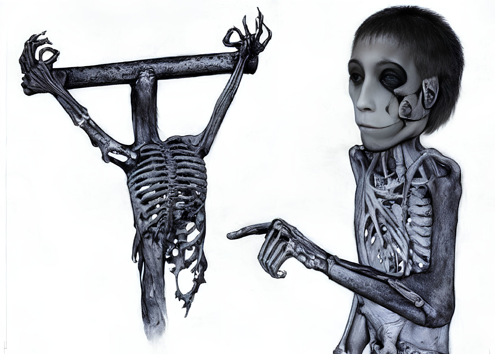 Surreal Artwork: Child with Oversized Skull Head and Hanging Skeleton