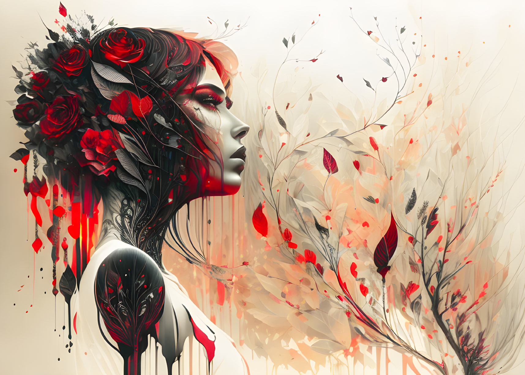 Surreal woman portrait with floral and red hues