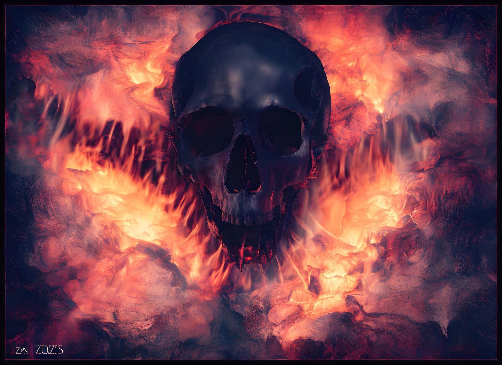 Sinister skull in fiery depths with swirling flames