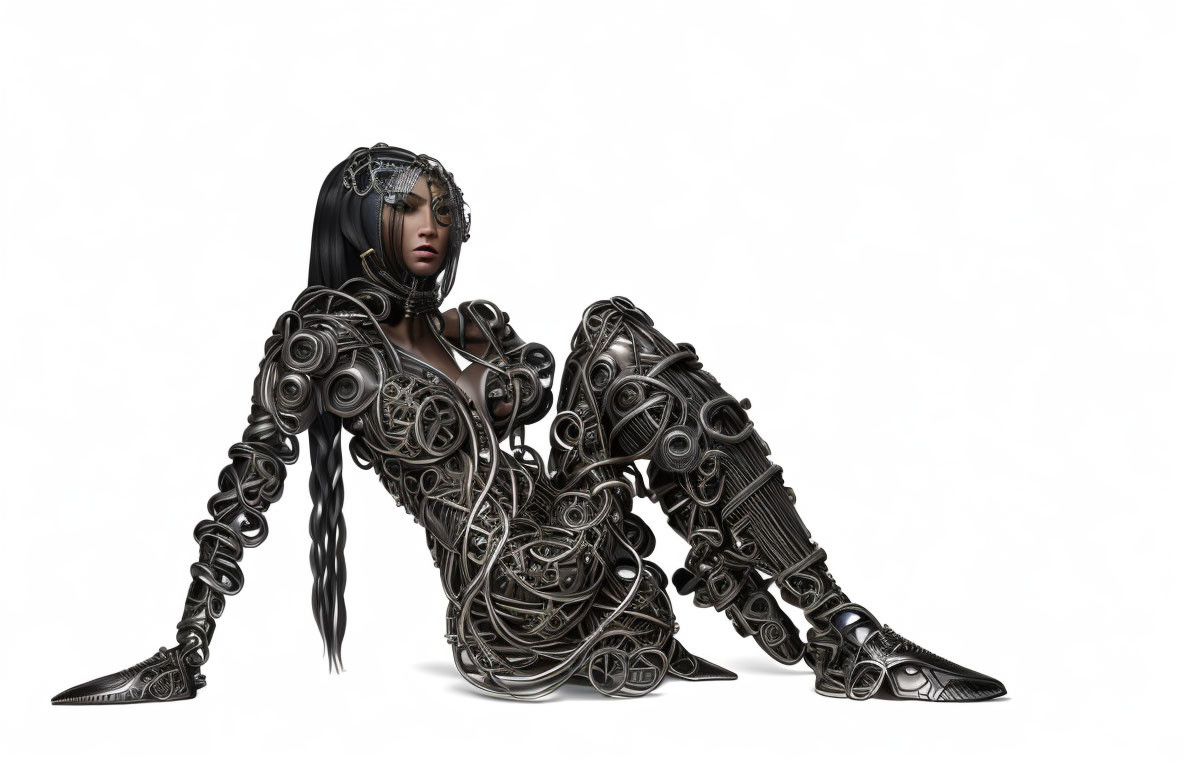 Intricate female humanoid robot with human and mechanical features