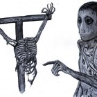 Surreal Artwork: Child with Oversized Skull Head and Hanging Skeleton