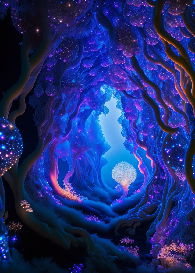 Vibrant undersea creatures and luminous tree in mystical scene