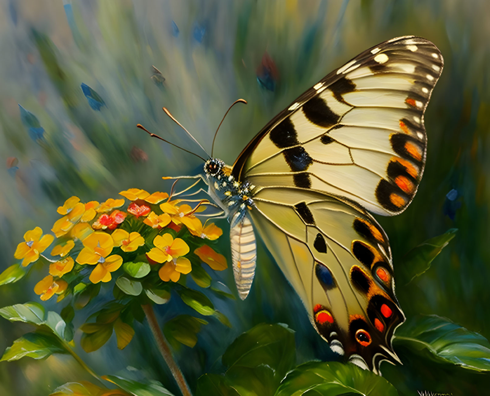 Vibrant butterfly on orange flowers with blurred green and blue backdrop