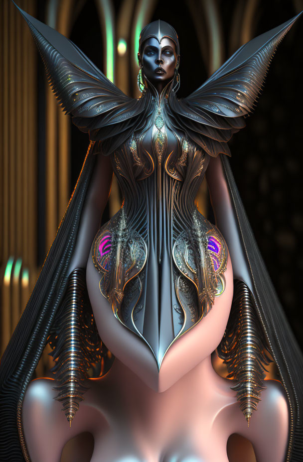 Futuristic humanoid figure in black and silver armor with wing-like extensions