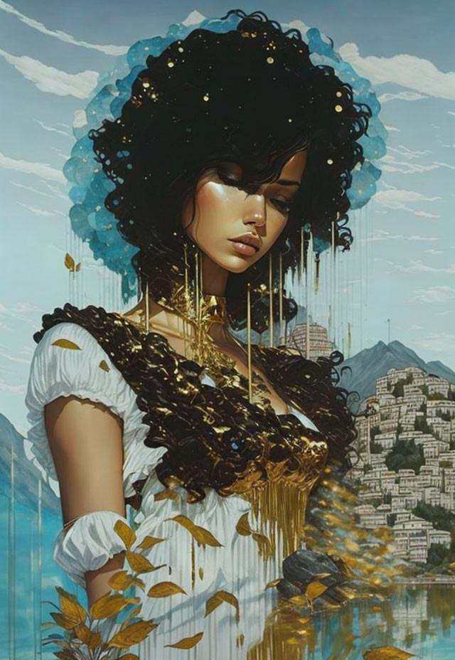 Digital artwork: Woman with dark curly hair in white and gold dress, surrounded by golden leaves, mountains