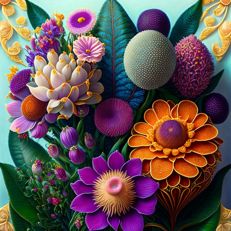 Colorful digital artwork featuring stylized flowers, leaves, and gold coins