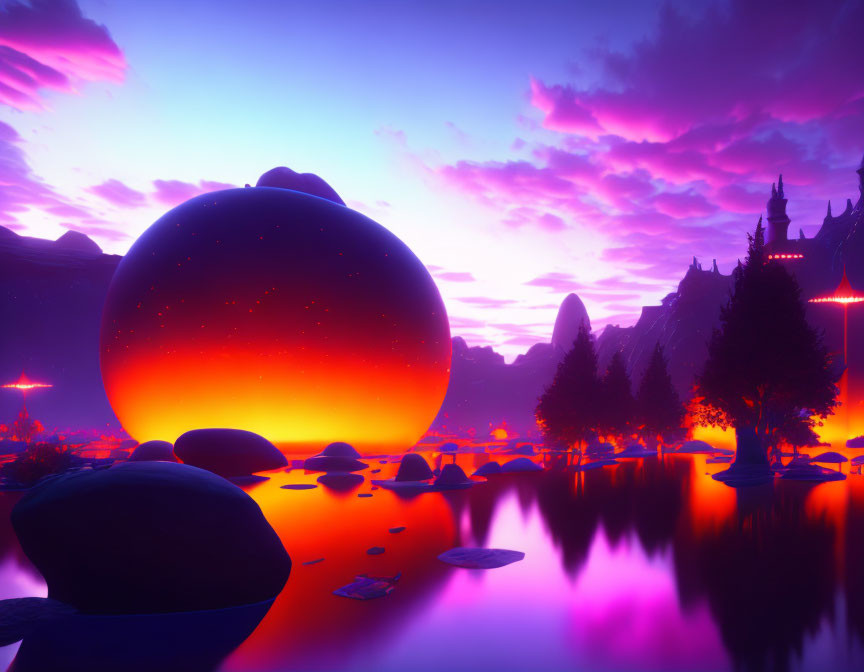 Surreal landscape with glowing orb, purple sky, and silhouetted trees