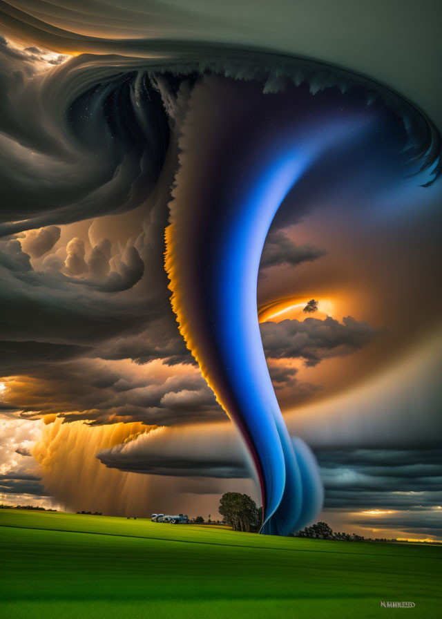 Swirling tornado-like cloud formation in dramatic sky over serene green landscape