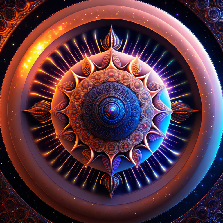 Colorful concentric fractal design with central eye and petals in blue, orange, purple.