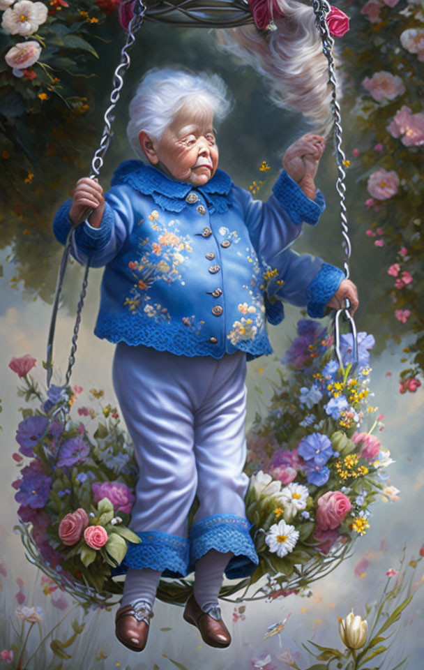 Elderly woman with white hair smiling on swing in blue cardigan surrounded by flowers