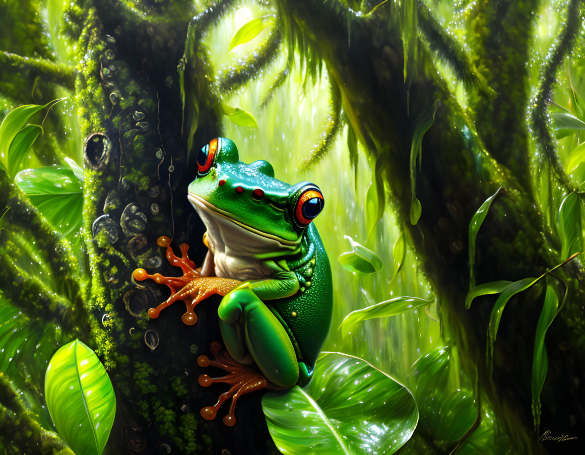 Colorful Frog with Red Eyes in Misty Jungle Habitat