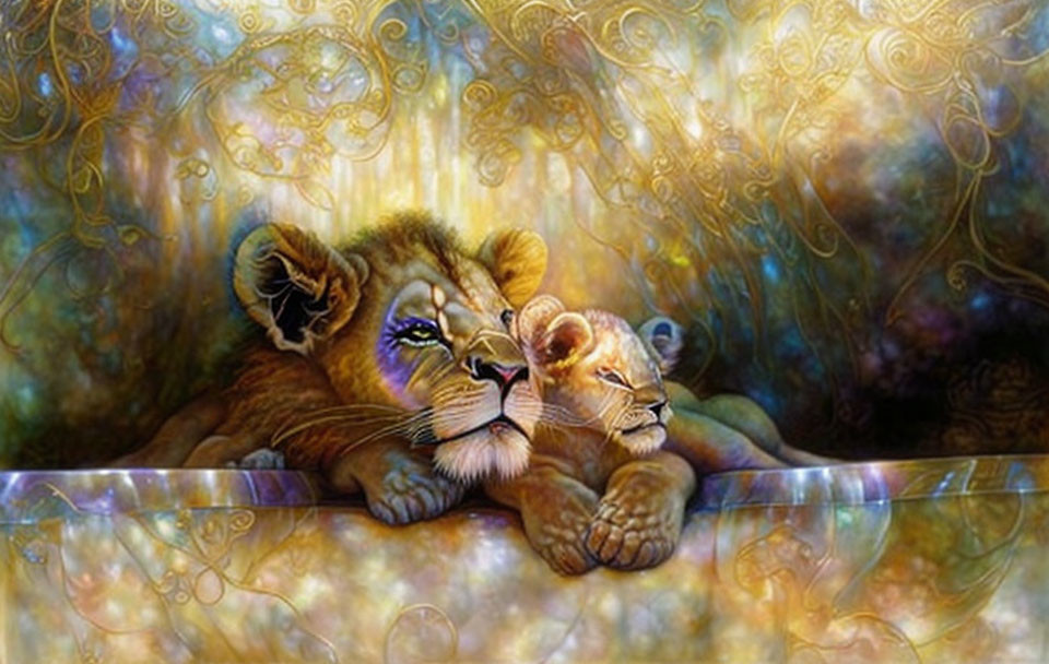 Lion and Cub Cuddling in Mystical Golden Backdrop