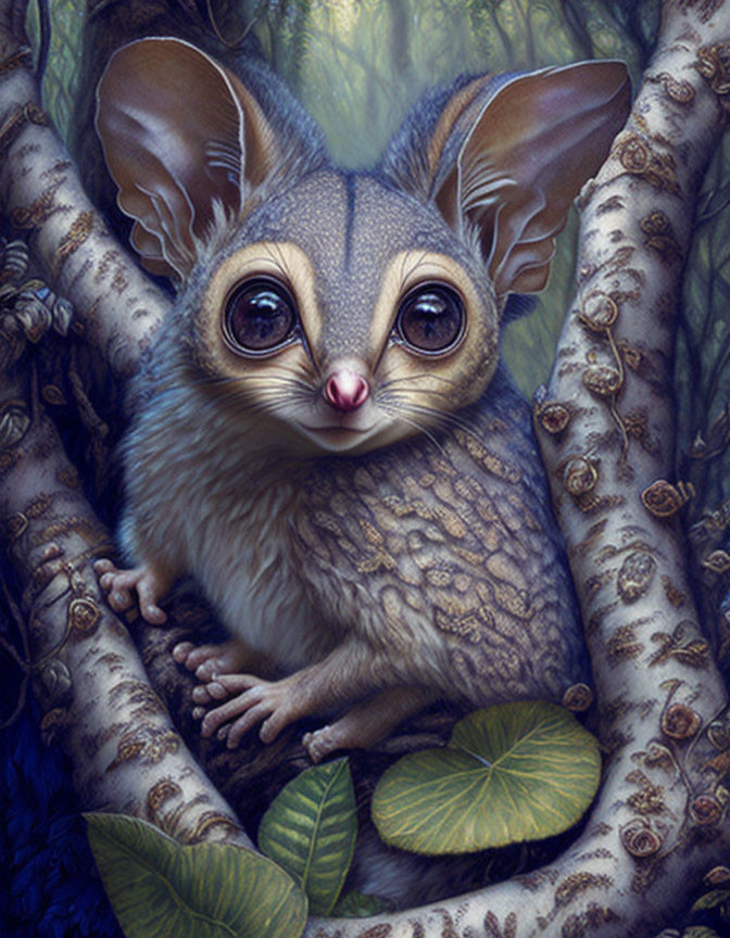 Detailed illustration of a cute bushbaby in textured forest setting