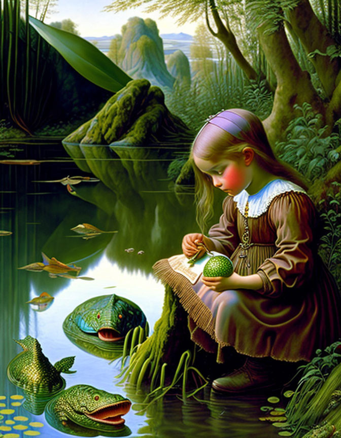 Girl sewing leaf by pond with frogs in vintage dress.