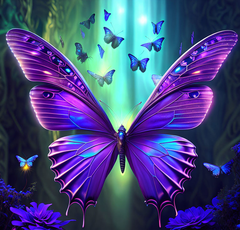 Vibrant digital artwork of fantastical purple butterfly in mystical forest