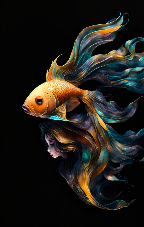 Surreal illustration: woman with flowing hair merging into goldfish fins