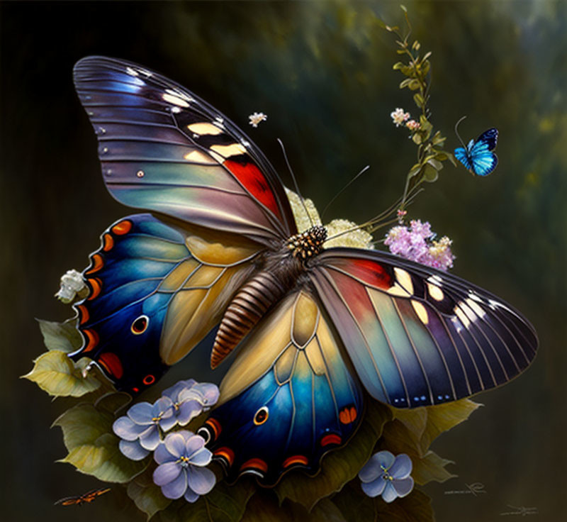 Colorful Butterfly Artwork on Greenery with Flowers