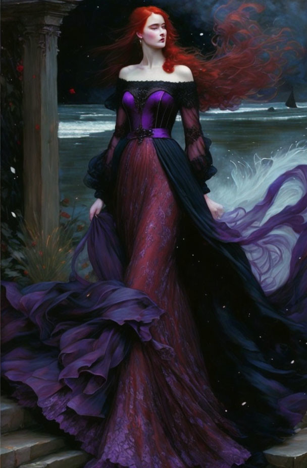 Red-haired woman in purple gown against snowy night landscape