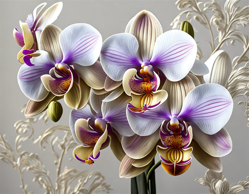 Purple and White Orchids with Yellow Accents on Foliage Background