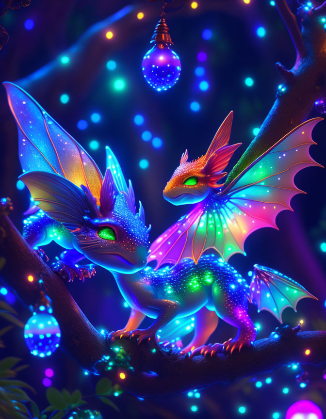 Iridescent dragons on branch in magical setting