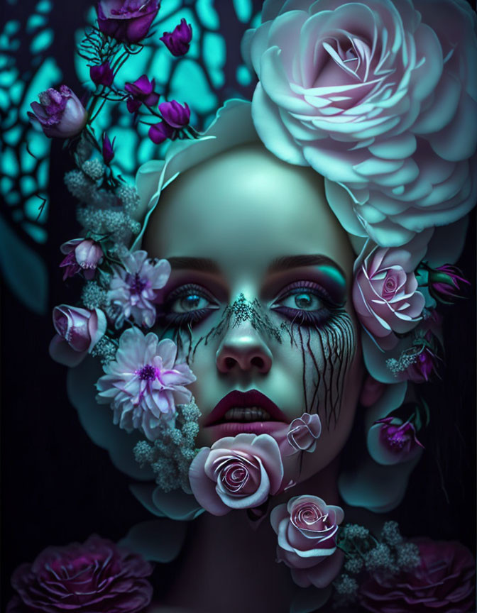 Vibrant surreal portrait of a woman with oversized flowers and intricate face paint